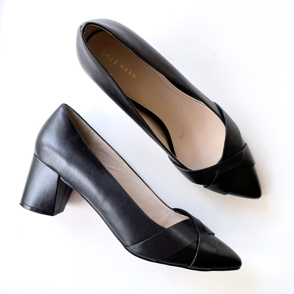 Cole Haan Camila Black Pointed Toe Leather Block Heel Pumps 9.5